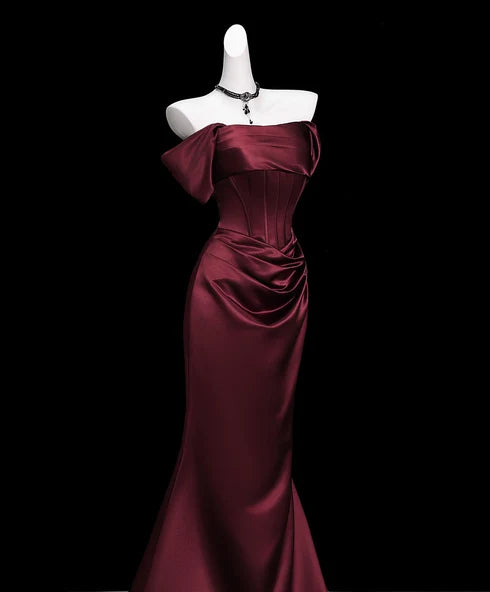 Burgundy Satin Mermaid Off-the-Shoulder Lace-Up Back Floor-Length Dress