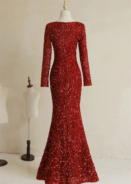Glamorous Mermaid V Neck Long Sleeve Zipper Back Long Prom Dress