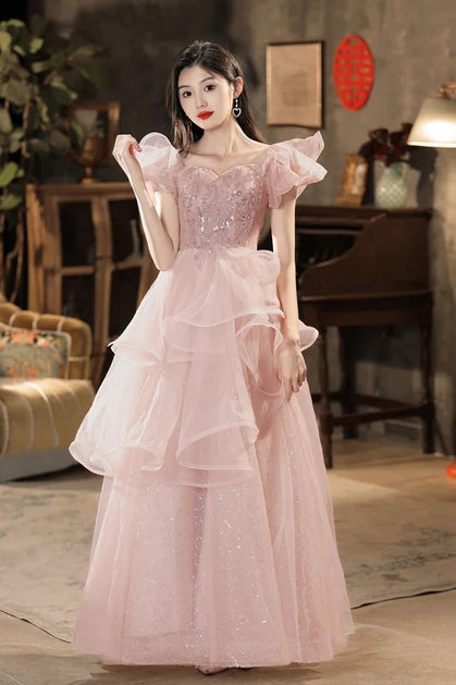 Blushing Pink Glitter Tulle & Sequins A-Line Off-the-Shoulder Floor-Length Dress