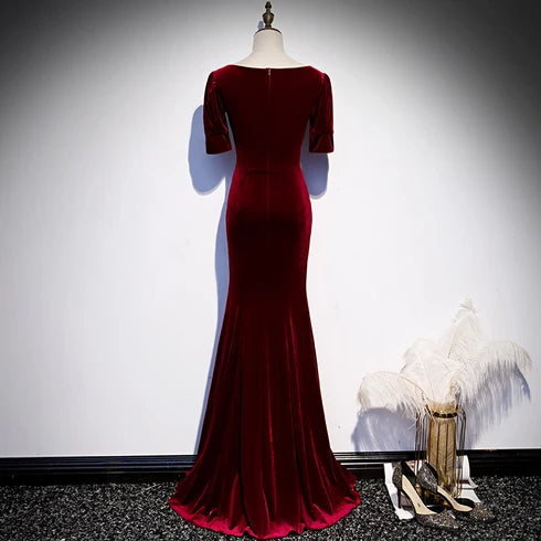 Burgundy Velvet Mermaid Prom Dress Square Neck Short Sleeves Front Slit