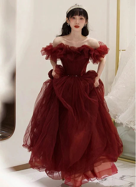 Burgundy Tulle Ball Gown Off-the-Shoulder Zipper Back Floor-Length Dress
