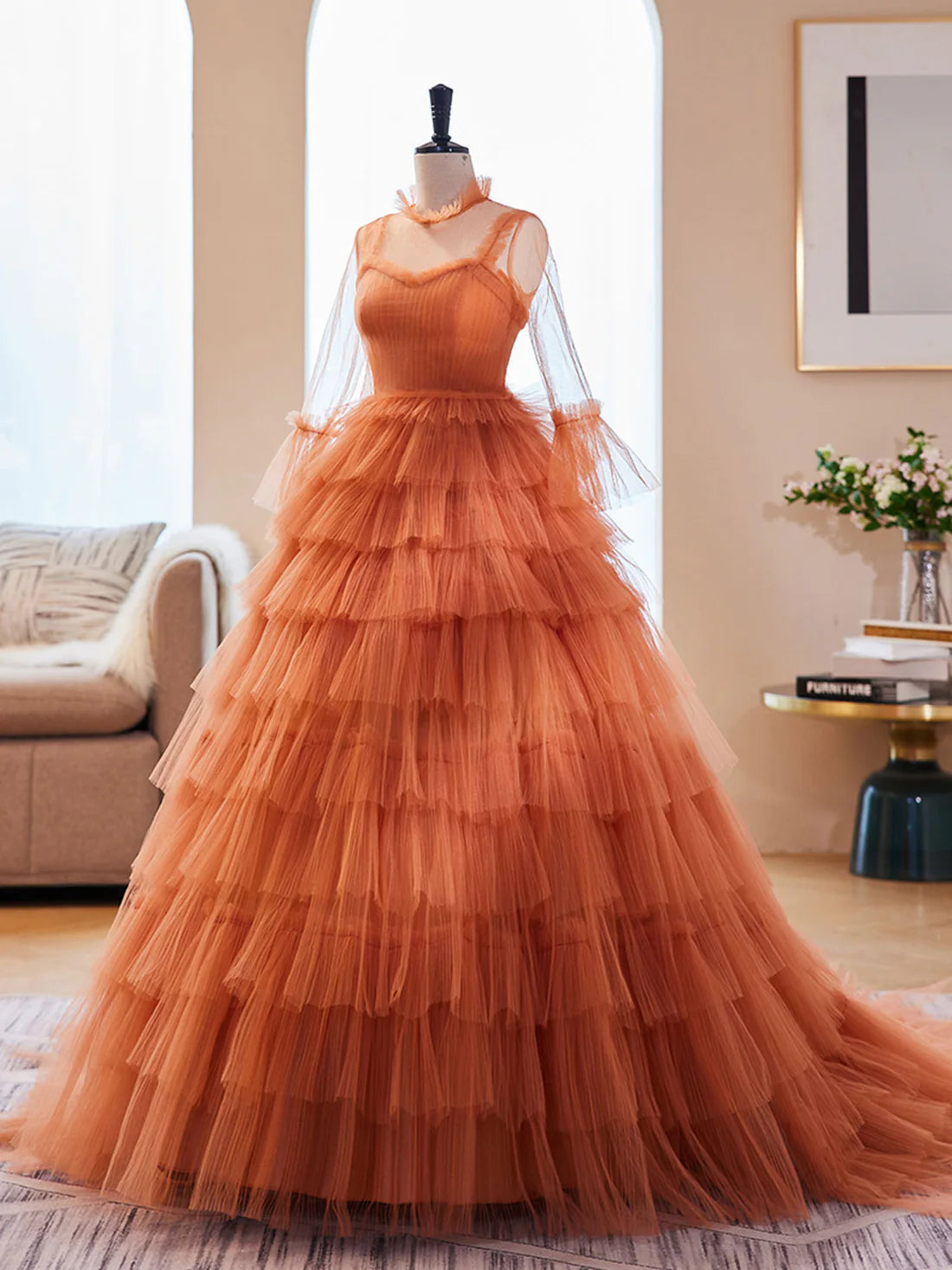 Unique High Neck Tulle Long Prom Dresses