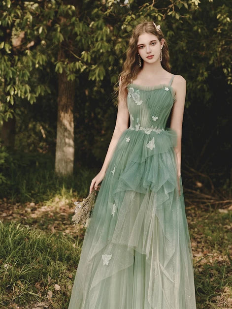 Sage Green Ombre Tulle Prom Dress Spaghetti Straps 3D Butterfly Appliques