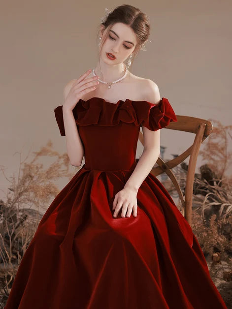 Burgundy Off The Shoulder Velvet Prom Dress With Ruffled Neckline