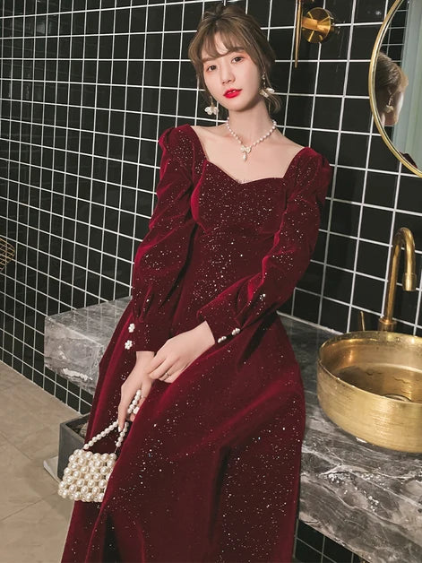 Burgundy Glitter Velvet A-Line Sweetheart Zipper Back Floor-Length Dress