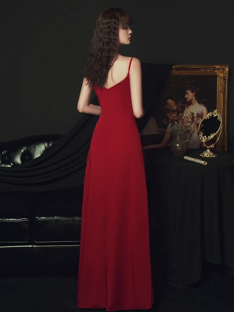 Red V Neck Spaghetti Strap Satin A Line Prom Dress Ruched Front