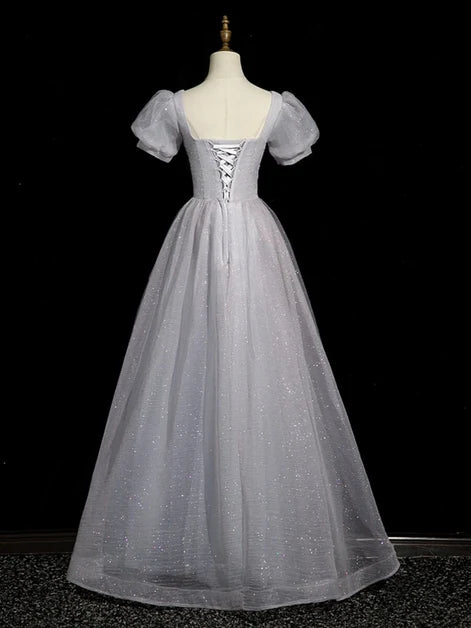 Silver Grey Glitter Tulle A-Line Sweetheart Lace-up Floor-Length Dress