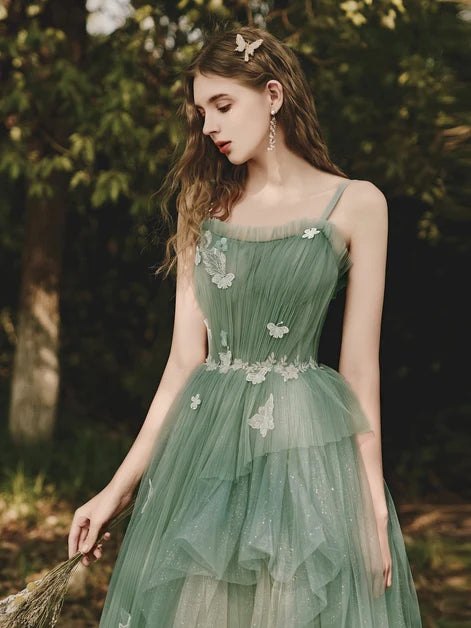 Sage Green Ombre Tulle Prom Dress Spaghetti Straps 3D Butterfly Appliques