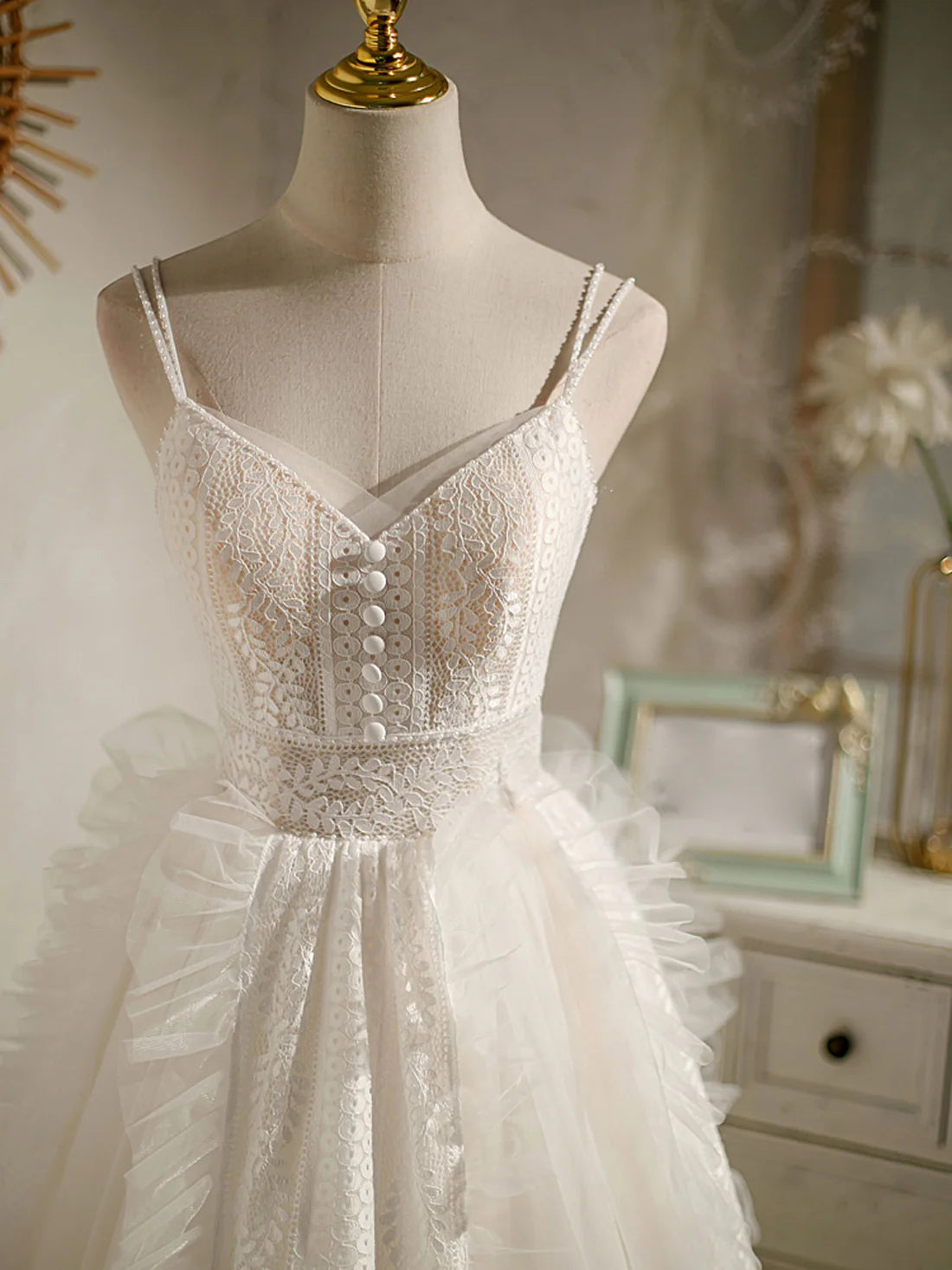 Ivory V Neck Tulle lace Short Prom Dress lace Homecoming Dress