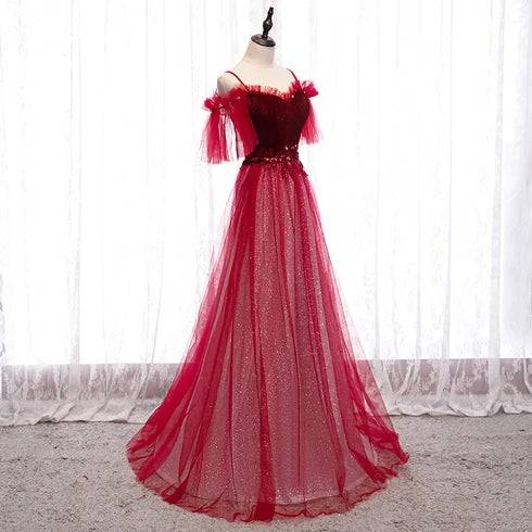 Glamorous A-line Off Shoulder Tassel Sleeve Lace Up Back Long Prom Dress