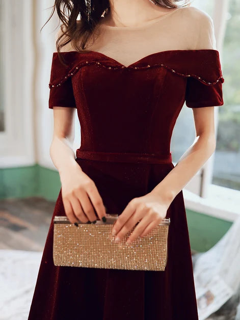 Burgundy Off Shoulder Velvet A Line Prom Dress With Beading