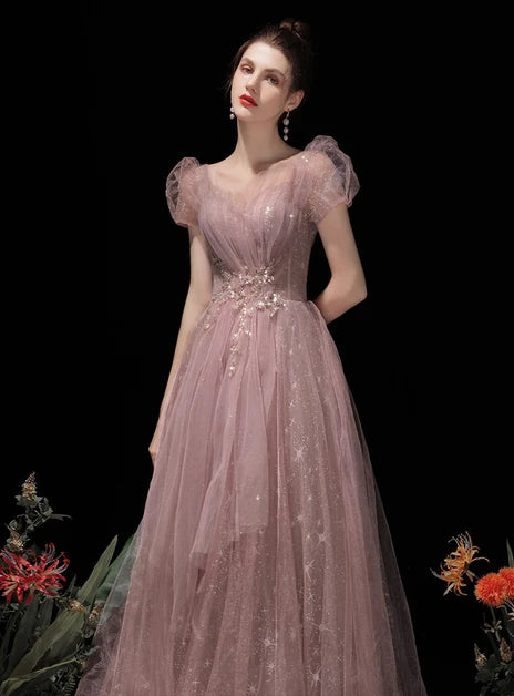 Dusty Pink Puff Sleeve Star Glitter Tulle Prom Dress With Beaded Waist