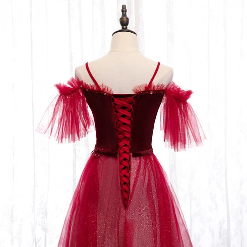 Glamorous A-line Off Shoulder Tassel Sleeve Lace Up Back Long Prom Dress
