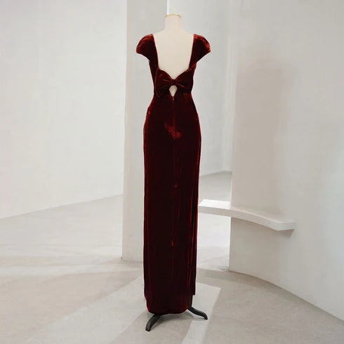 Burgundy Cap Sleeve Velvet Mermaid Dress With Bow Back