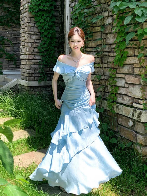 Sky Blue Satin Tiered Off-the-Shoulder Zipper Back Floor-Length Dress