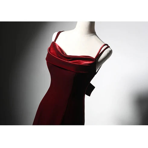 Burgundy Cowl Neck Velvet Mermaid Prom Dress Double Spaghetti Straps Big Bow Back