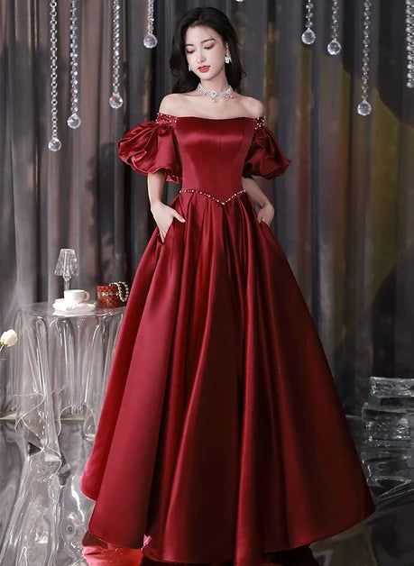 Burgundy Satin A-Line Off-the-Shoulder Lace-Up Back Floor-Length Dress