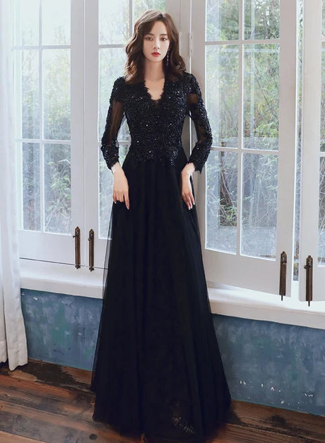 Glamorous A-line V Neck Long Sleeve Lace Up Back Long Prom Dress