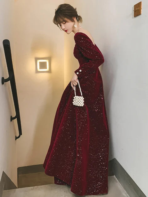 Burgundy Glitter Velvet A-Line Sweetheart Zipper Back Floor-Length Dress