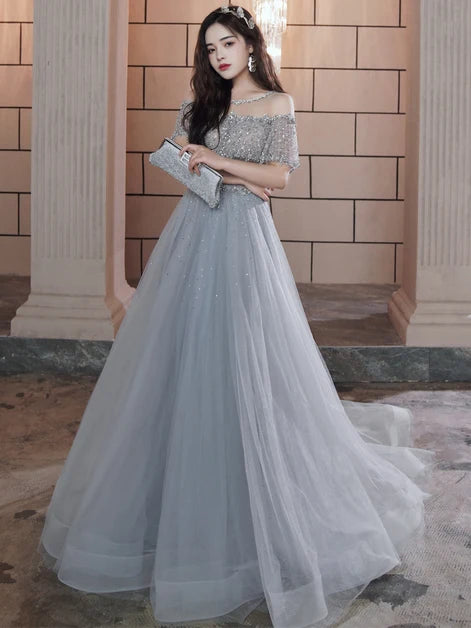 Grey Off The Shoulder Beaded Sheer Corset Tulle A Line Prom Dress