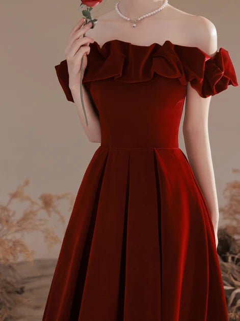 Burgundy Off The Shoulder Velvet Prom Dress With Ruffled Neckline