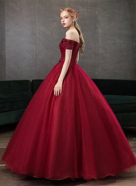 Burgundy Tulle Ball Gown Off-the-Shoulder Lace-Up Back Floor-Length Dress