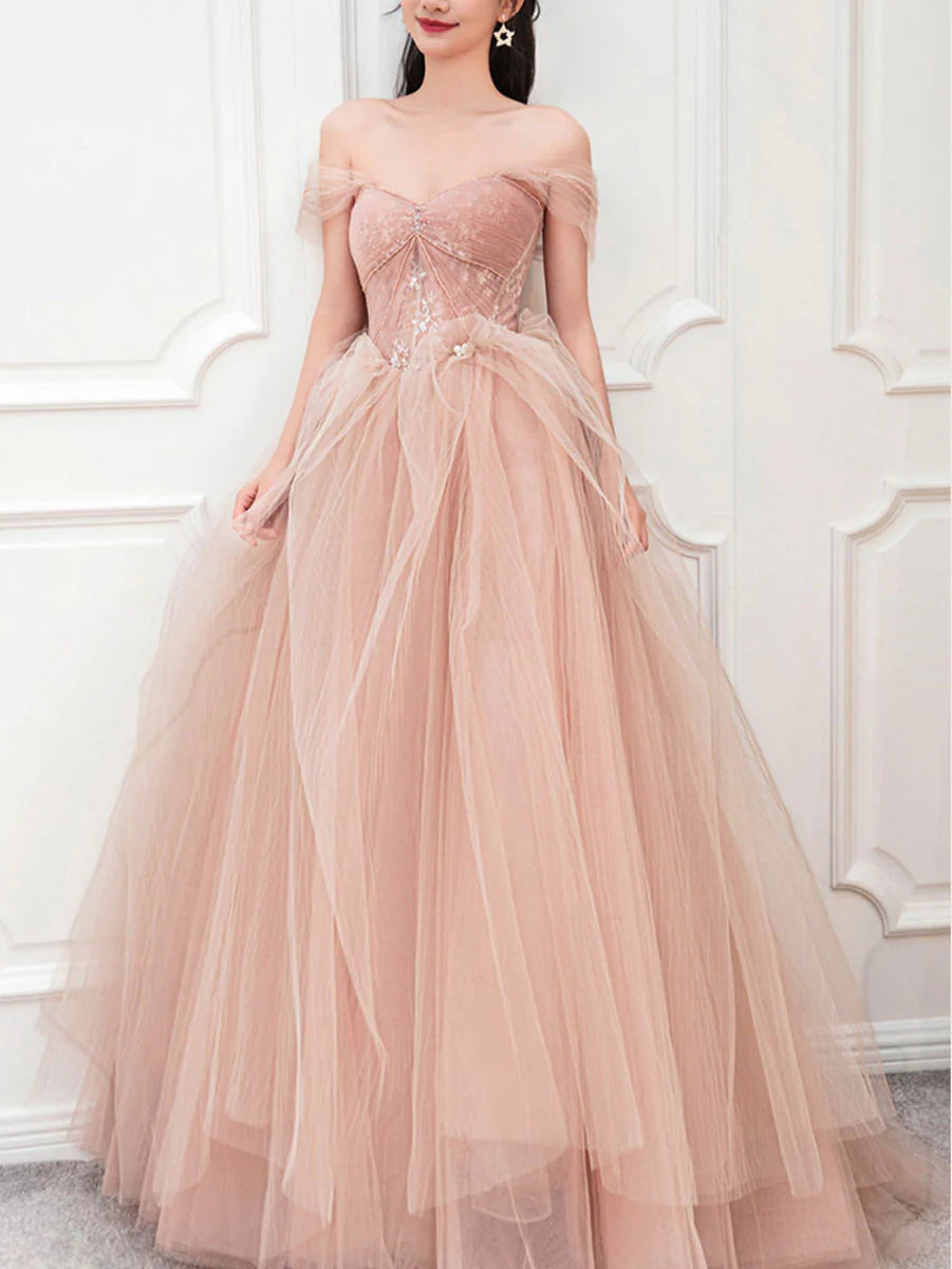 Pink tulle lace long prom evening dress