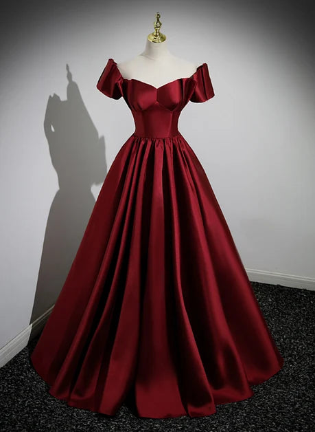 Burgundy Satin A-Line Sweetheart Lace-Up Back Floor-Length Dress