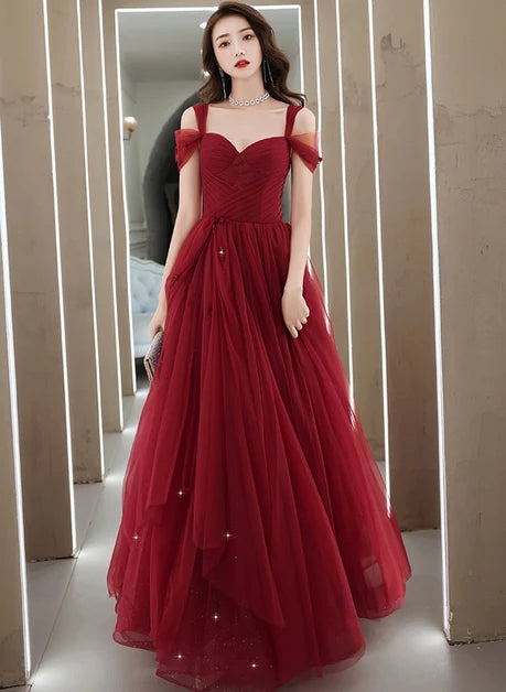 Burgundy Glitter Tulle A-Line Sweetheart Lace-Up Back Floor-Length Dress