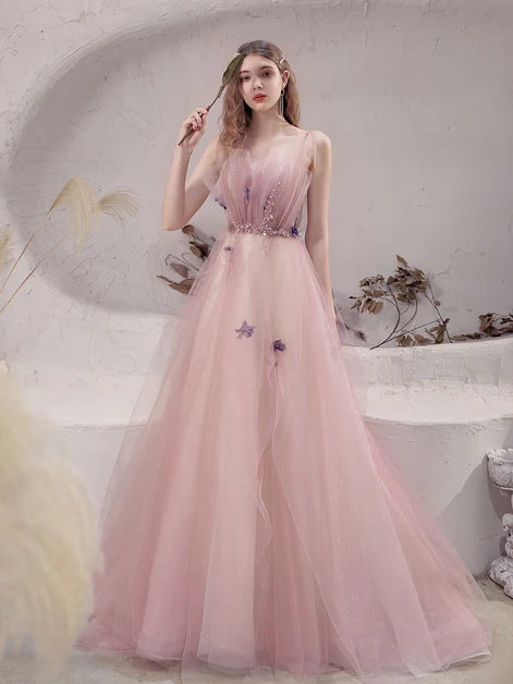 Blush Pink Spaghetti Strap Tulle Prom Dress With 3D Butterfly Appliques