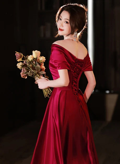Burgundy Satin A-Line Off-the-Shoulder Lace-Up Back Floor-Length Dress