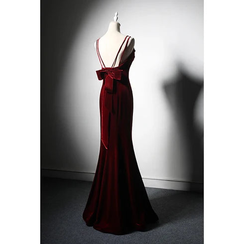 Burgundy Cowl Neck Velvet Mermaid Prom Dress Double Spaghetti Straps Big Bow Back