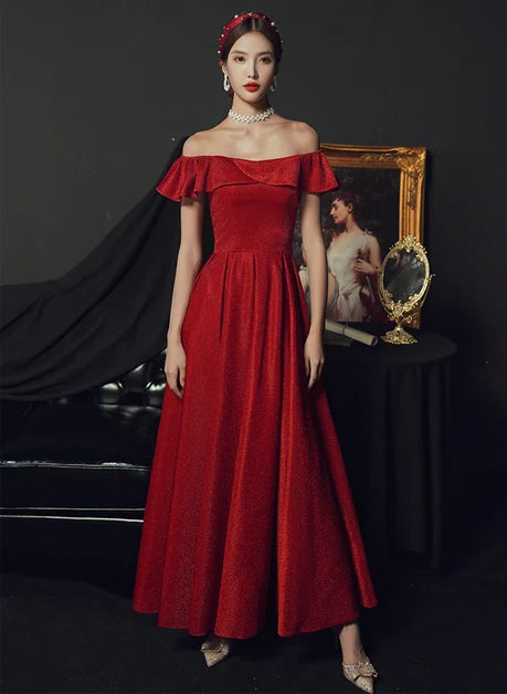 Red Glitter Fabric A-Line Off-the-Shoulder Lace-Up Back Floor-Length Dress