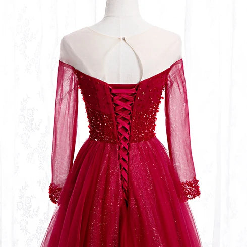 Sparkly A-line Off Shoulder Long Sleeve Lace Up Back Long Prom Dress