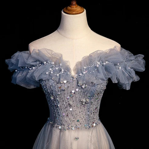 Dusty Blue Off Shoulder Sparkly Tulle Prom Dress Beaded Bodice