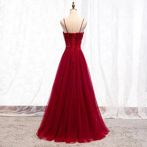 Gorgeous A-line Spaghetti Strap Beaded Lace Up Tulle Prom Dress