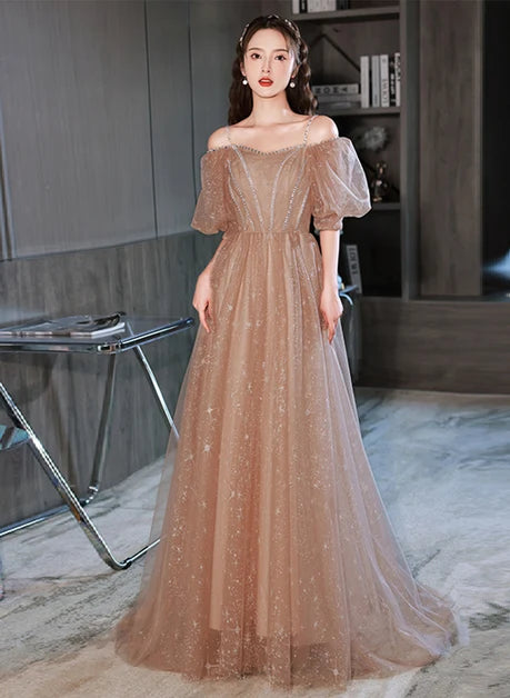 Champagne Glitter Tulle A-Line Off-the-Shoulder Floor-Length Dress