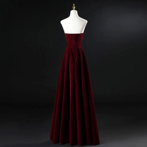 Burgundy Strapless Fold Velvet A Line Formal Evening Dress