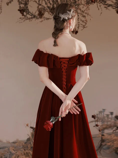 Burgundy Off The Shoulder Velvet Prom Dress With Ruffled Neckline