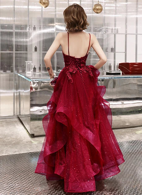 Stunning A-line V Neck Spaghetti Strap Lace Up Back Long Prom Dress