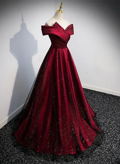 Elegant A-line Off Shoulder Cap Sleeve Lace Up Back Long Prom Dress