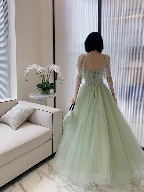 Sage Green Lace Tulle A Line Prom Dress Sheer Flutter Strap 3D Floral Bodice