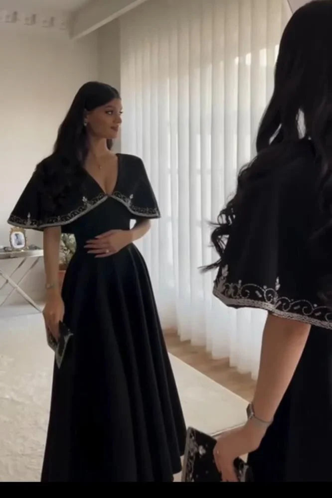 Weitese Dress Prom Dress Stores Black V Neck A-Line Long Prom Dress Unique Occasion Dress Party Dress Formal Women's Dresses
