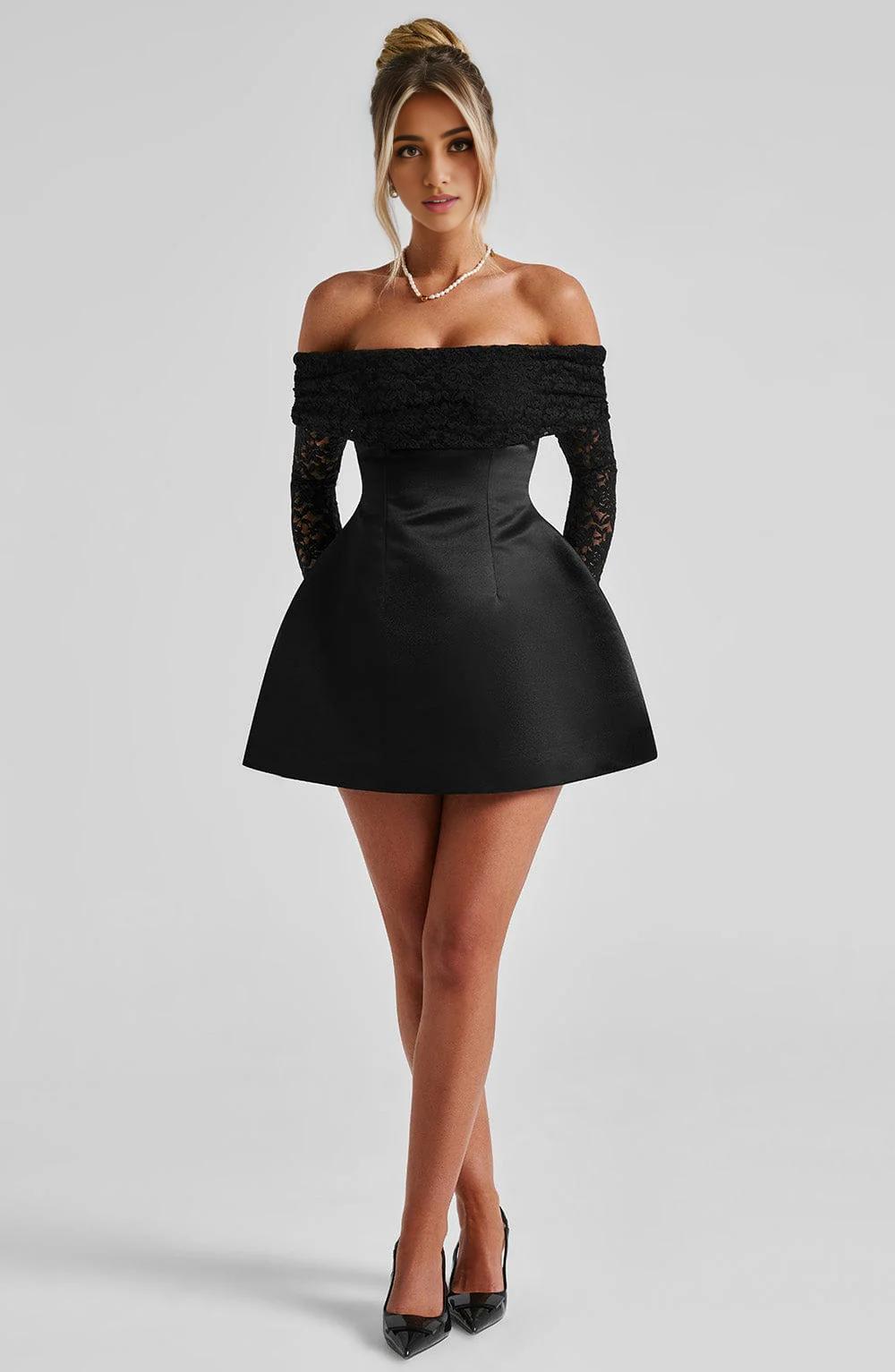 Off-Shoulder Mini Dress With Lace Long Sleeve A-line Birthday Party Dress For Women Homecoming Dress