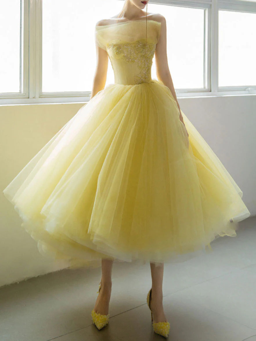 Robe de bal trapèze jaune à épaules dénudées et perles en tulle, longueur thé 