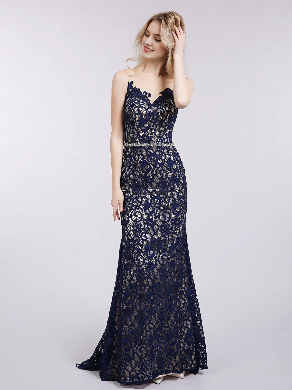 Robe de soirée sirène en dentelle, épaules dénudées, dos nu, avec col illusion - Bleu marine foncé