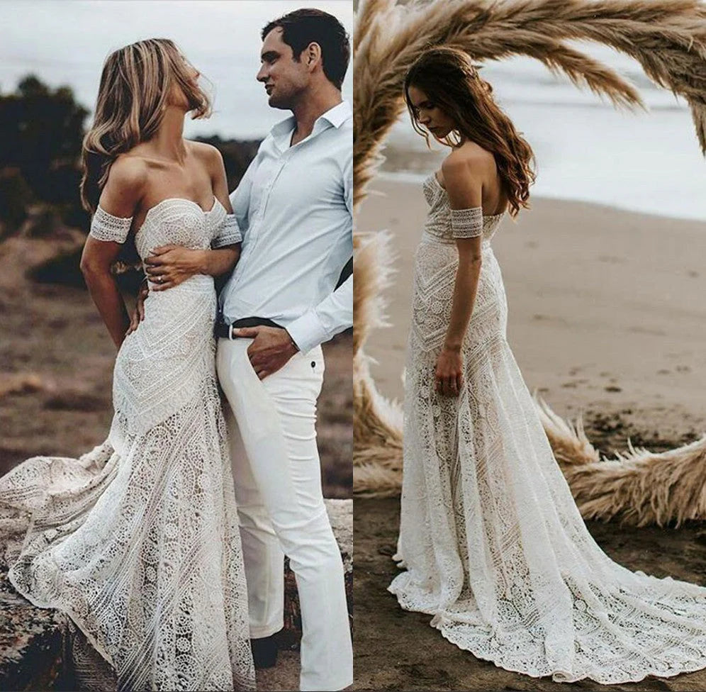 Off-the-Shoulder Beach Ivory Lace Backless Long Mermaid Wedding Dress