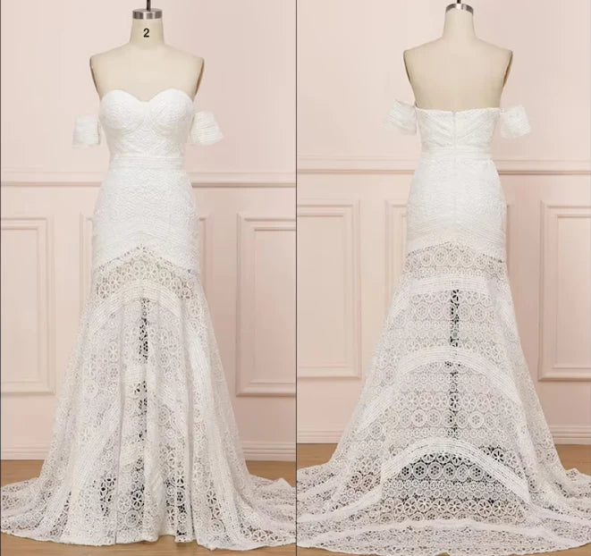 Off-the-Shoulder Beach Ivory Lace Backless Long Mermaid Wedding Dress
