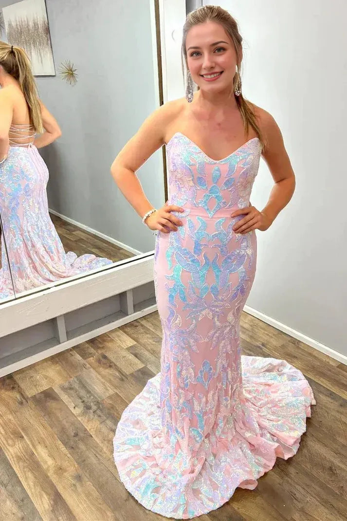 Vestidos formales largos de corte trompeta sin tirantes, con apliques de lentejuelas en rosa ruborizado y hombros descubiertos 