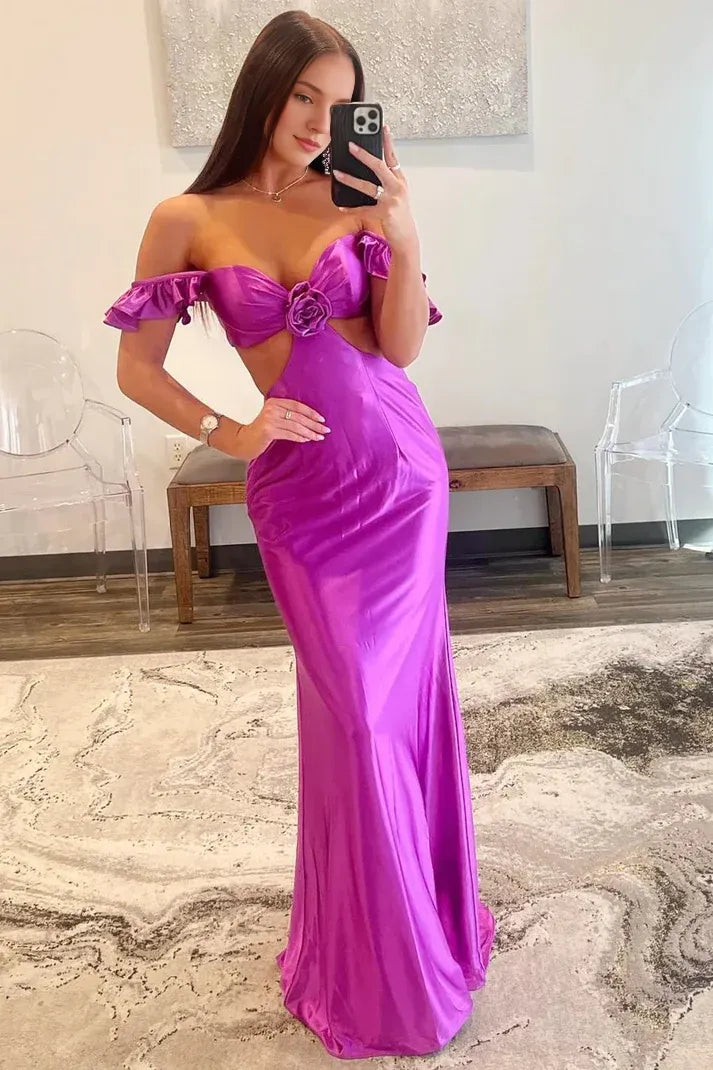 Vestido de fiesta ajustado de sirena con hombros descubiertos, mangas onduladas y corte en la cintura en violeta 